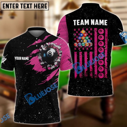 BlueJose Billiards Breast Cancer Awareness Black American Flag Customized Name 3D Shirts