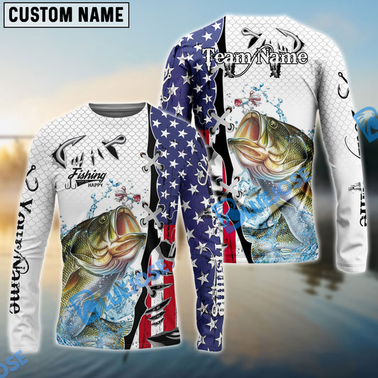Bluejose Bass Fishing American Flag Splash Custom Name & Team Name 3D Shirts