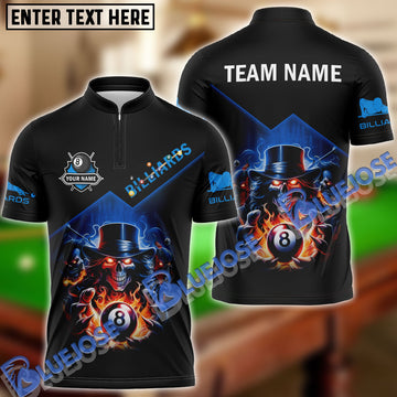 BlueJose Billiards 8 Ball Hands Of Skull Flame Personalized Name, Team Name Shirt (4 Colors)