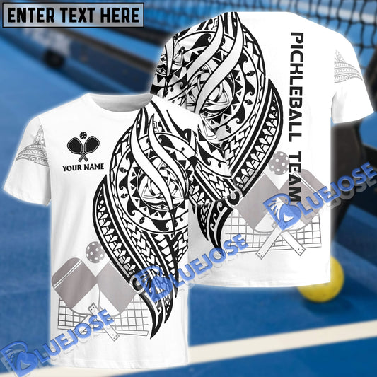 BlueJose Personalized Name, Team Name White Tribal Pickleball 3D Shirt