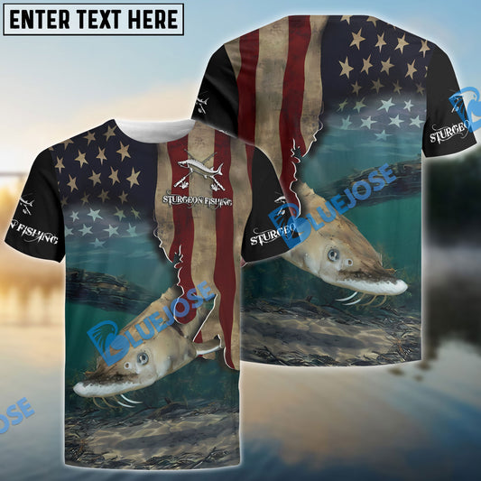 Bluejose Sturgeon Fishing 3D American Flag Patriotic Customize Name All Over Print Shirts