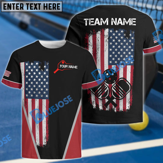 BlueJose Pickleball US Flag Personalized Name, Team Name Unisex Shirt