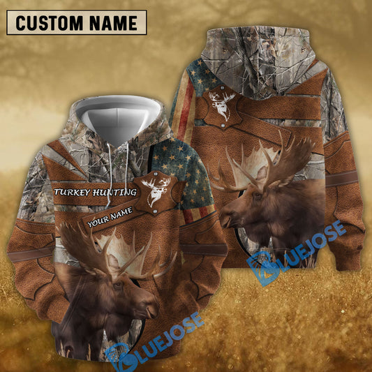 BlueJose Brown Moose Hunting USA Flag Retro Customized Name 3D Shirt