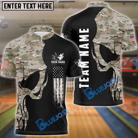 BlueJose Bowling And Pins Skull Army Flag Custom Polo Shirts