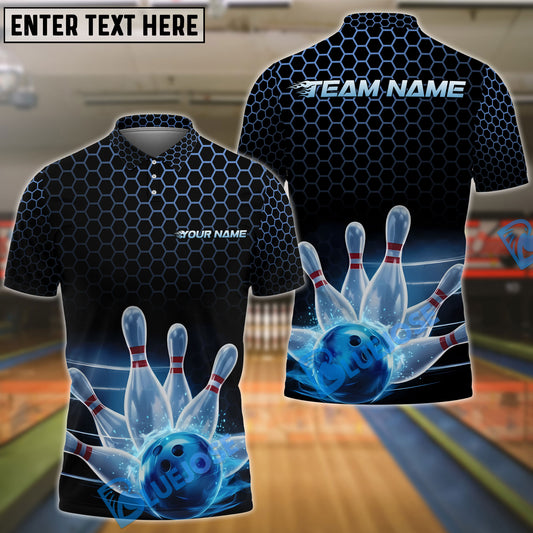 BlueJose Bowling And Pins Hexagon Impact Customized Name, Team Name 3D Shirt (4 Colors)