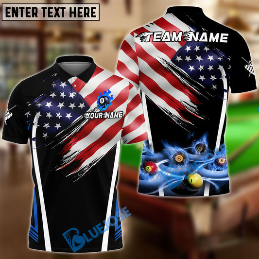 BlueJose Billiards 8-Ball USA Flag Flaming Pool Balls Graphic Customized Name, Team Name 3D Shirt (4 Colors)
