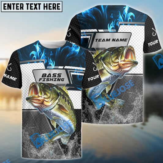 BlueJose Bass Fishing Blue Flame Smoke Grid Pattern  Custom Name & Team Name Shirts