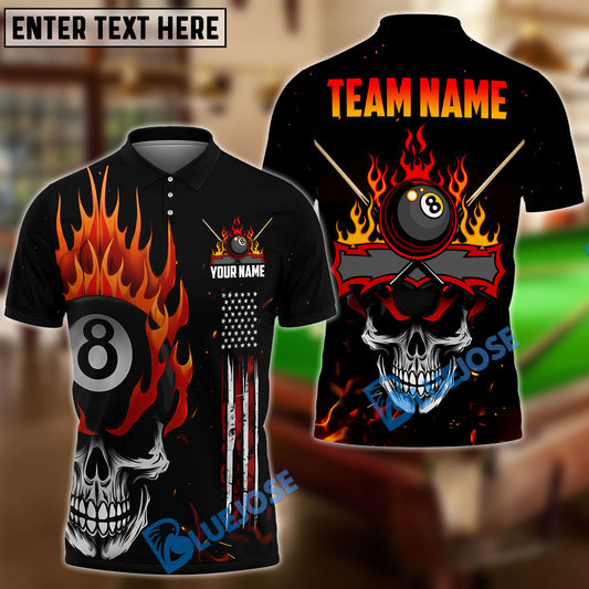 BlueJose Billiards Ball 8 Skull Fire Personalized Name & Team Name Shirt (4 Colors)