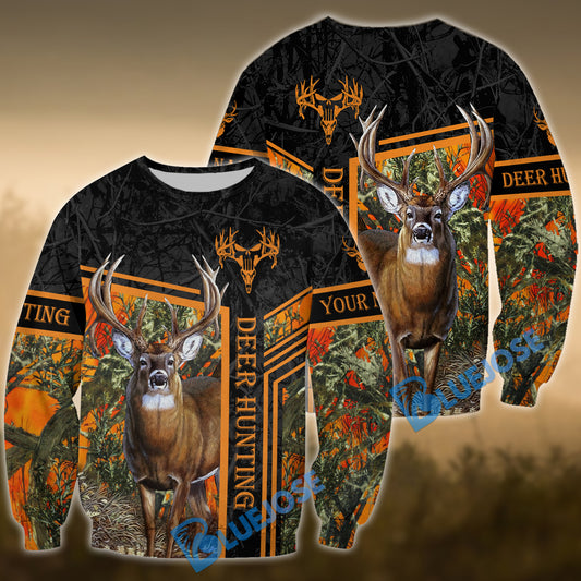 BlueJose Personalized Name Deer Orange Hunting Pattern 3D Shirts