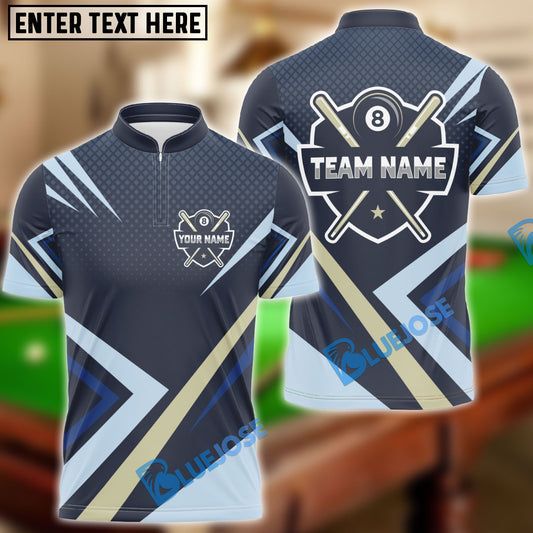 BlueJose Blue Sports Style Billiard Custom Name Zipper Polo Shirt