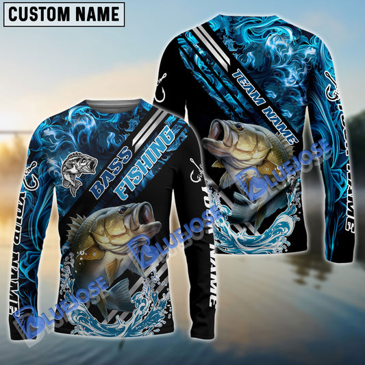 Bluejose Bass Fishing Blue Smoke Water Pattern Custom Name & Team Name 3D Shirts