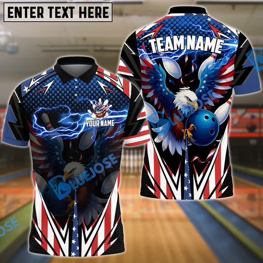 BlueJose Bowling And Pins American Bald Eagle Lightning USA Flag Style Personalized Shirt