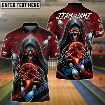 BlueJose Bowling And Pins Skull Grim Reaper Lightning Customized Name, Team Name 3D Shirt (4 Colors)