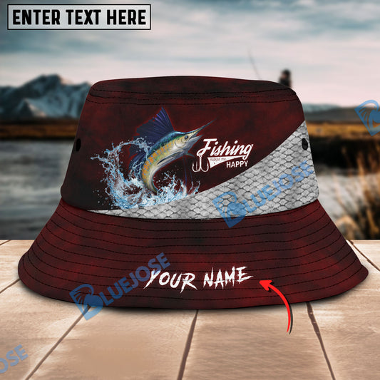 BlueJose Custom Name Marlin Fishing Red Bucket Fishing Hat