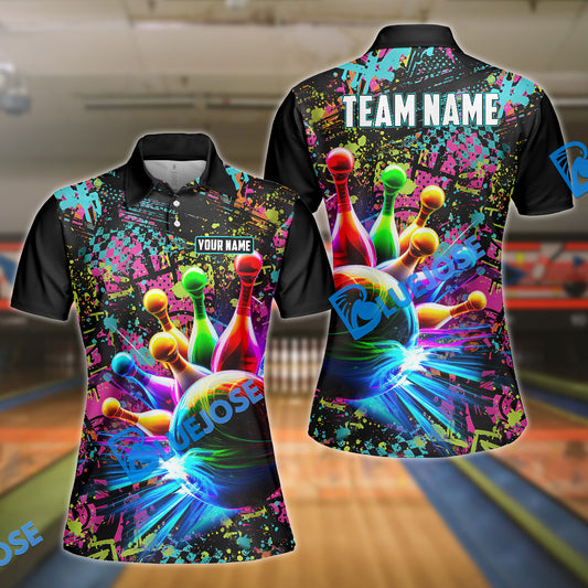 BlueJoses Personalized Name and Team Name Paint Colorful Bowling and Pins 3D Shirt, Personalized Shirts For Bowling Players