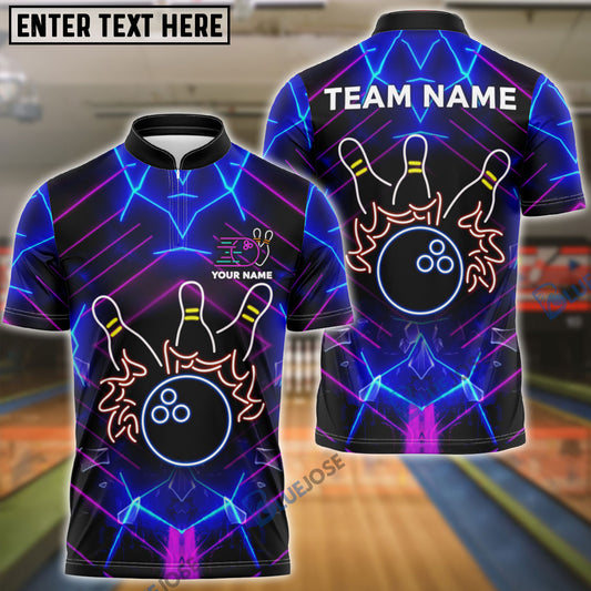 BlueJoses Bowling And Pins Neon Light Style Customized Name, Team Name 3D Shirt