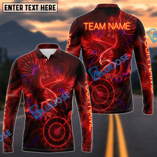 BlueJose Darts Eagle Neon Glow Personalized Name Long Sleeve Polo Shirt (4 Colors)