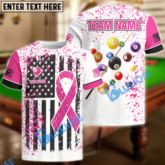 BlueJose Billiards Breast Cancer Awareness White Grunge American Flag Customized Name 3D Shirts
