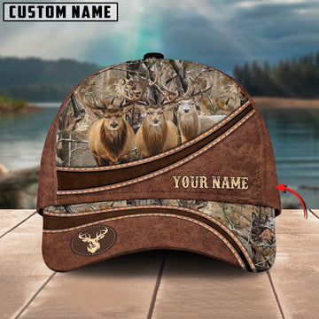 BlueJose Elk Hunting Personalized Name Brown Carving Leather Pattern 3D Classic Cap