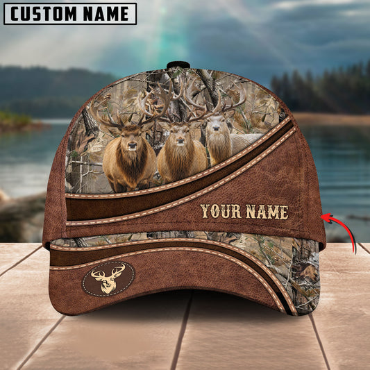 BlueJose Elk Hunting Personalized Name Brown Carving Leather Pattern 3D Classic Cap