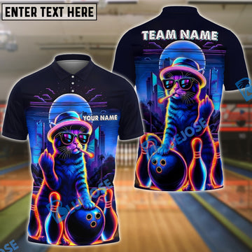 BlueJose Bowling And Pins Cat Neon Style Customized Name, Team Name 3D Shirt (4 Colors)