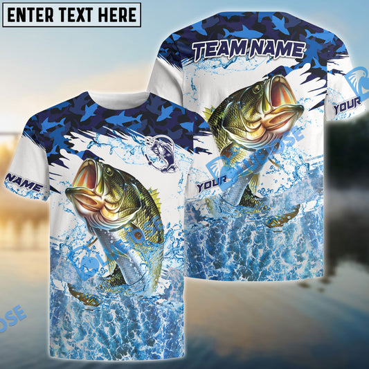 Bluejose Bass Fishing Blue Camo Clear Water Custom Name & Team Name 3D Shirts