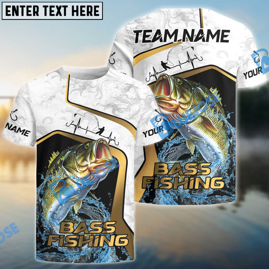 Bluejose Bass Fishing White Marble & Gold Trim Splash Heartbeat Line Custom Name & Team Name 3D Shirts