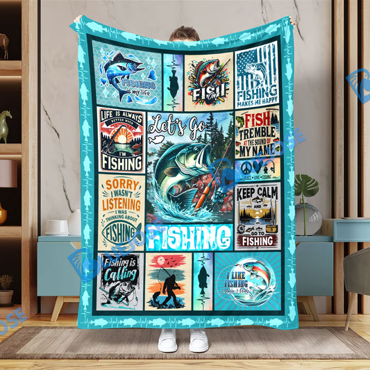 BlueJose Let's Go Fishing Cyan Fishing Blanket