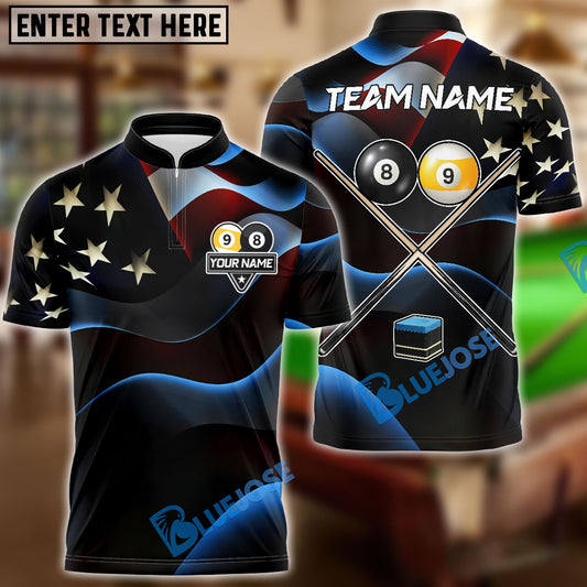 BlueJoses Billiards Ball 8 & 9 American Flag Cross Cue Customized Name, Team Name 3D Shirt