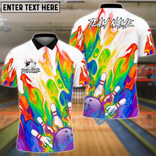 BlueJose Bowling And Pins Neon Rainbow Flame White Customized Name, Team Name 3D Shirt