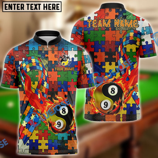 BlueJose Billiards Ball 8&9 Yin Yang Puzzle Pattern Ball Fire Autism Awareness Customized Name, Team Name 3D Shirt