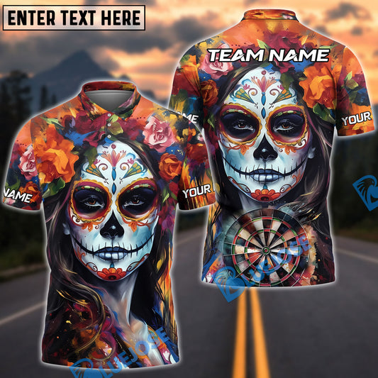 BlueJose Darts Day of the Dead Skull Girl Personalized Name, Team Name Shirt (4 Colors)