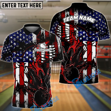 BlueJose Bowling and Pins US Flag and Wing Personalized Name, Team Name 3D Shirt