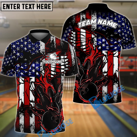 BlueJose Bowling and Pins US Flag and Wing Personalized Name, Team Name 3D Shirt