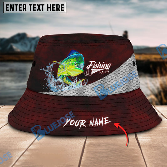 BlueJose Custom Name Mahimahi Fishing Red Bucket Fishing Hat