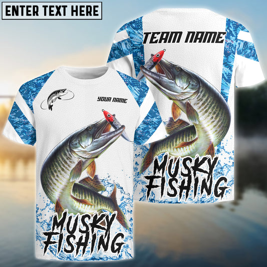 Bluejose Musky Fishing Blue Camo White Pattern Sport Custom Name & Team Name 3D Shirts