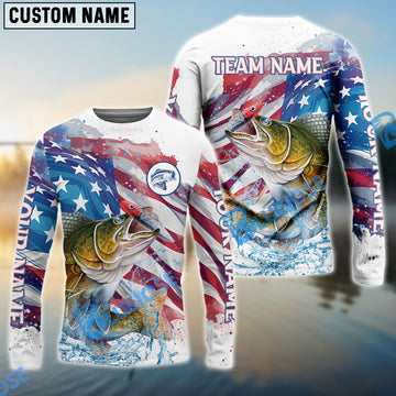 Bluejose Walleye Fishing Watercolor USA Flag Custom Name & Team Name Shirts