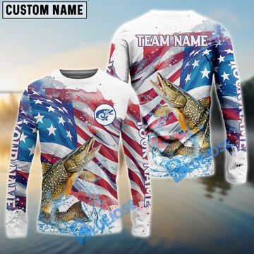 Bluejose Pike Fishing Watercolor USA Flag Custom Name & Team Name Shirts