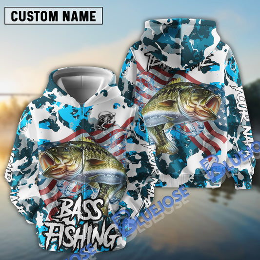 Bluejose Bass Fishing American Flag Light Blue Camo Custom Name & Team Name 3D Shirts