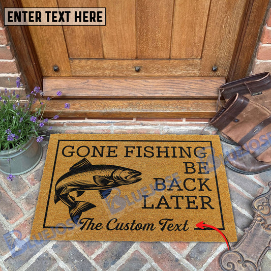 BlueJose Gone Fishing Be Back Later Salmon Fishing Custom Name Coir Doormat