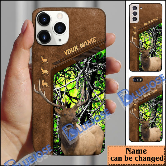 BlueJose Elk Hunting Premium Brown Pattern Personalized Name Phone Case (4 colors)