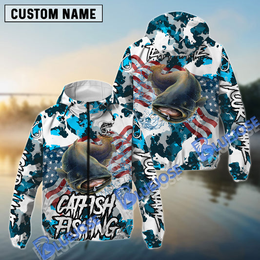 Bluejose Catfish Fishing American Flag Light Blue Camo Custom Name Windbreaker Jacket