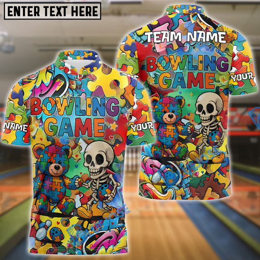 BlueJose Bowling Skull And Bear Colorful Puzzle Cartoon Autism Awareness Personalized Name, Team Name Unisex Shirt