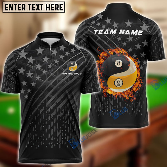 BlueJoses Billiards Ball 8 & 9 Fire Black US Flag Customized Name, Team Name 3D Shirt