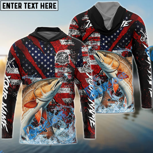 Bluejose Redfish Fishing American Flag Grunge Red Scratch Custom Name & Team Name 3D Shirts