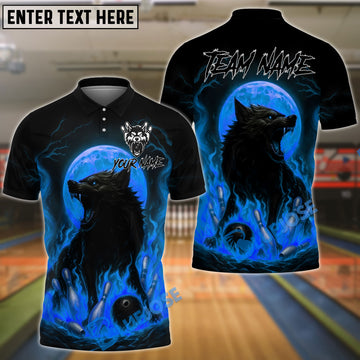 BlueJose Bowling And Pins Fire Wolf Moon Customized Name, Team Name 3D Shirt (4 Colors)