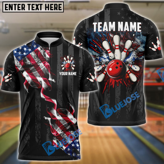 BlueJoses Bowling And Pins Black Smoke American Flag Customized Name, Team Name 3D Shirt