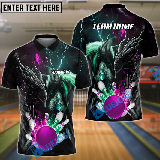 BlueJose Bowling And Pins Dragon And Wolf Multicolor Customized Name Shirt (4 Colors)