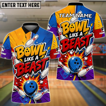 BlueJose Bowling And Pins Bowl Like A Beast Colorful Comic Burst  Customized Name, Team Name 3D Shirt