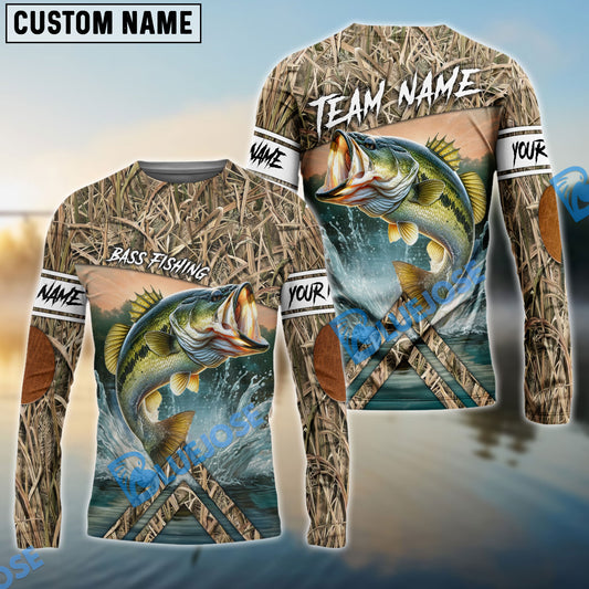 BlueJose Customize Name Bass Fishing Elbow Patch Pattern 3D Shirts